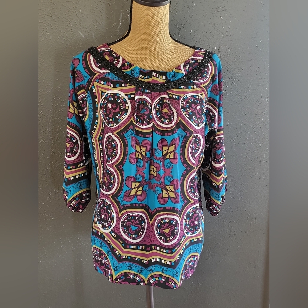 Nicole Miller Medium Pullover Blouse  Blue/Pink/Black